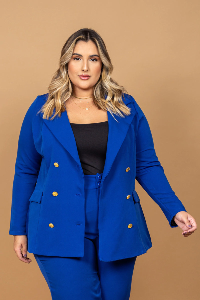 Blazer Elis Plus Size em Alfaiataria Azul