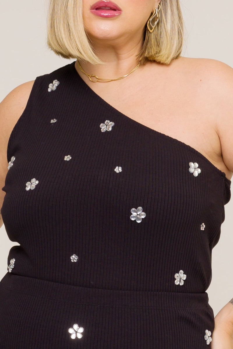 Blusa Mirella Um Ombro e Bordado Flores Preta