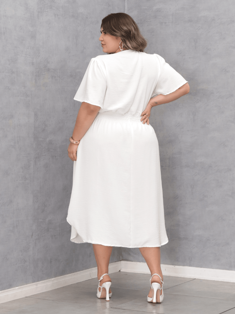 Vestido Aurora Midi  Manga Curta Duna Elegante