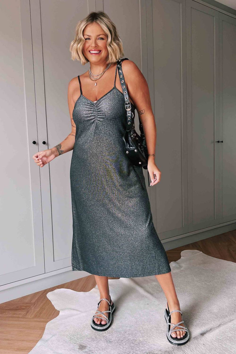 Vestido Midi Jade em Lurex Prata