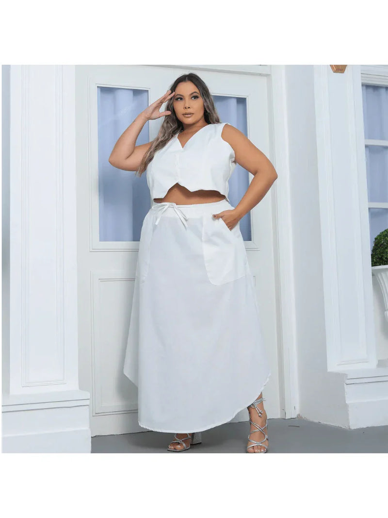 Conjunto Cambuhy colete com botoes e saia Alfaiataria